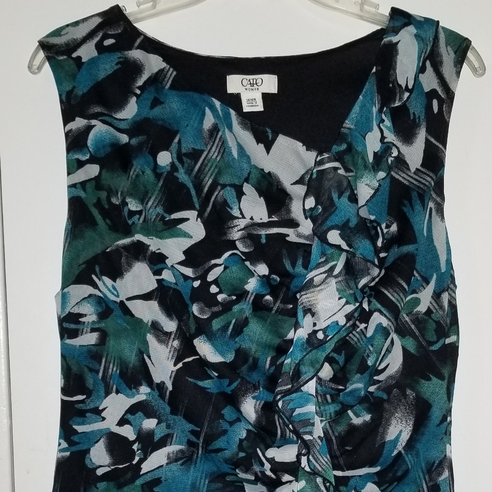 Blue Teal Black Off-White Sheer Tank w/Ruffle